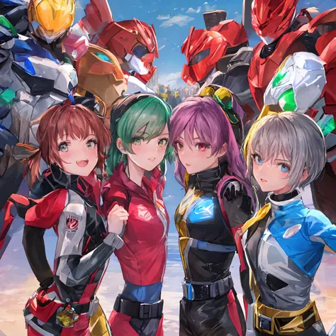 7girls, a group of 7 overdrive power rangers girls from Power Rangers Overdrive, Power Rangers Overdrive,female rangers team (Their colors are: Red, blue, green, yeallow, Pink, Silver and black. Every girl ranger with her own color), stadium, holding their...