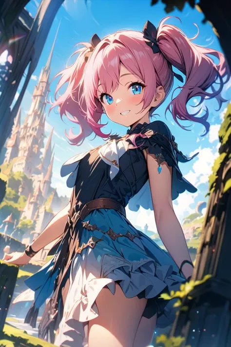 woman, twenty year old, solo,
beautiful pink hair, bun hair, short twin tails hair,
clear light blue eyes,
smile,
front angle,
energetic, cute,
fantasy scenery,
masterpiece, best quality, very beautiful, very detailed, 