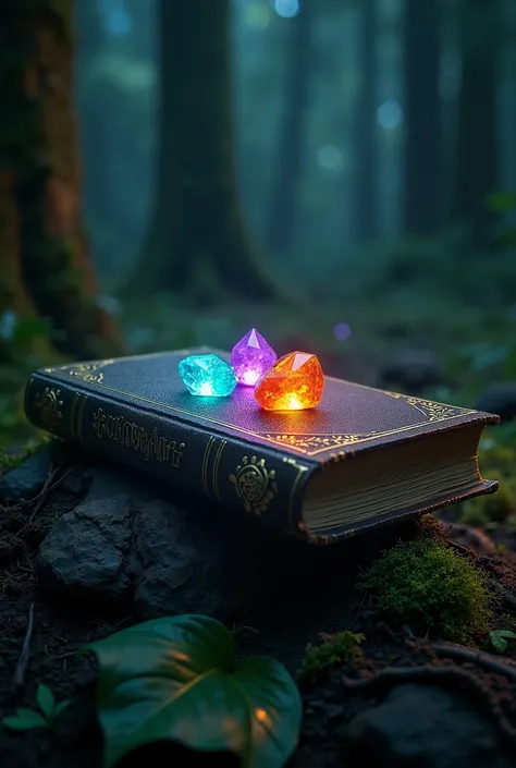 A closed up side down historical book atop on aged sump in jungle, written on the cover: "George Art", written on the cover: "George Art". The book exudes magic potions, 3 beautiful precious glow stones of various sparkling colors close up, dark forest nig...