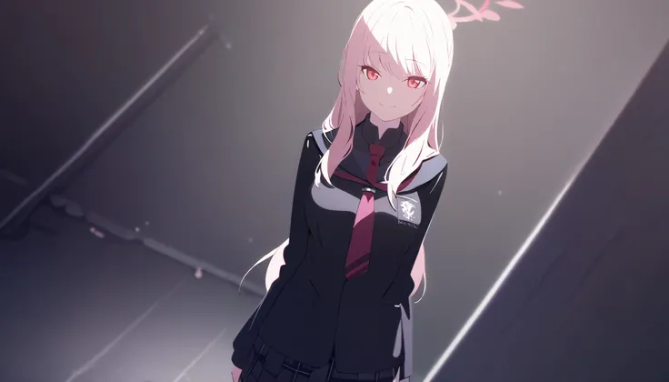 masterpiece, best quality, solo, 1girl, pink hair, long hair, red eye, medium breast, pink halo, pitch black school uniform, red tie, standing, looking at viewer, calm, warm, smiling, black background only