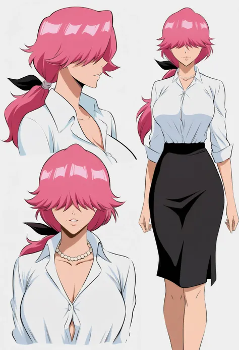 Bleach anime style woman, mature, pink hair, single ponytail, low ponytail, white button up shirt, black pencil skirt, pearl necklace, black ribbon hair, back hair, bangs over eyes, masterpiece,best quality,amazing quality, front view, character sheet scor...