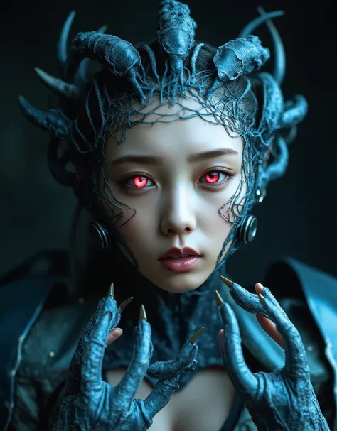 Image of red eyes female alien, cinematic lighting, UHD, masterpiece, accurate, super detail, high details, high quality, award winning, best quality, highest, 16k, detailed face, realistic textured skin, perfect anatomy, perfect fingers, Female alien, bea...