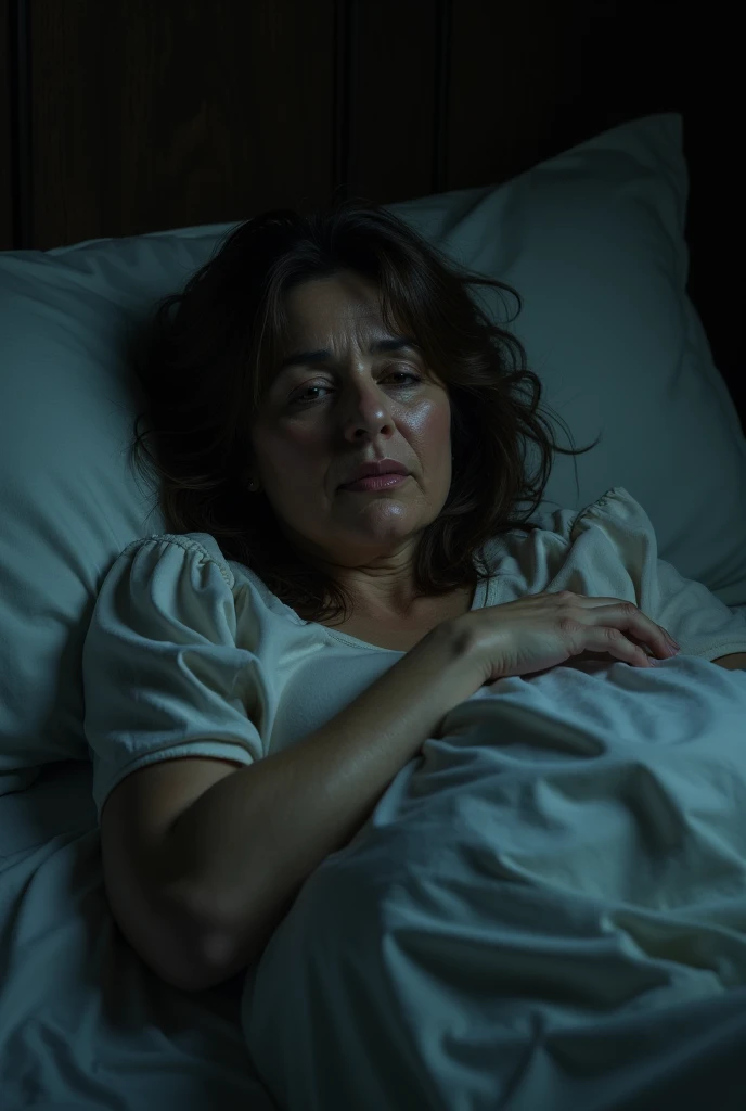 Create an image of a woman over 40 waking up very hot at night 