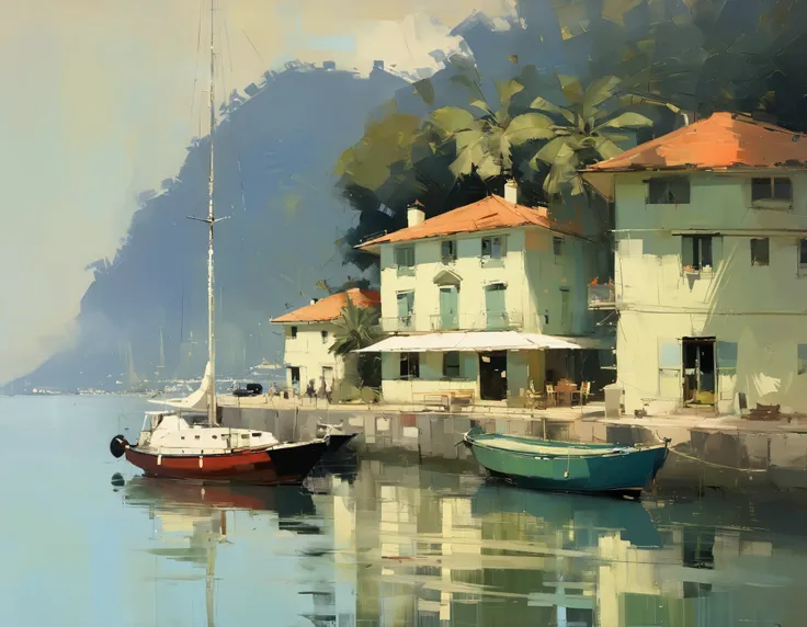 Konstantin Korovin style - oil painting of a beautiful yacht retreat in PARATI, RIO DE JANEIRO. Soft colors. Artwork by Abbott Handerson Thayer.jeremy mann style, jeremy mann art, jeremy mann painting, alessandro pautasso art, james gurney painting style, ...