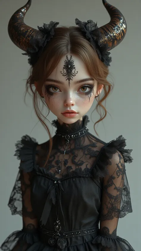 ( Masterpiece), ( highest quality), ( very detailed), ( high resolution),( super real),( photorealistic),girl in a dress with horns and a skeleton, ((  light brown hair ))(Loli Dress, gothic maiden, A cute wife wears a nice dress,   cute art style , wearin...