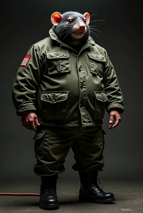 adult male in black army boots, camouflaged pixel-colored military pants and coat  without any shoulder straps or patches. the character is very fat  (Weight: 130 kilograms, height: 175 cm )  instead of his head he has the big head of ugly angry rat,  full...