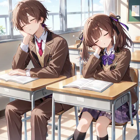 masterpiece, best quality, highres, 2 persons, 1girl and 1boy, couple, Sitting on chair, schoolbdesk, indoor, classroom, sleeping BREAK ((1boy, brown hair, straight hair, wearing white collared shirt, wearing sweater vest, wearing brown blazer, red necktie...