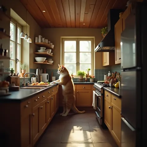 
A wide-angle shot of a spacious kitchen,capturing the entire scene.A cat is actively cooking at the counter,surrounded by various ingredients and utensils.The persoective is slightly elevated,providing a clear view of the countertops,stove,and kitchen lay...