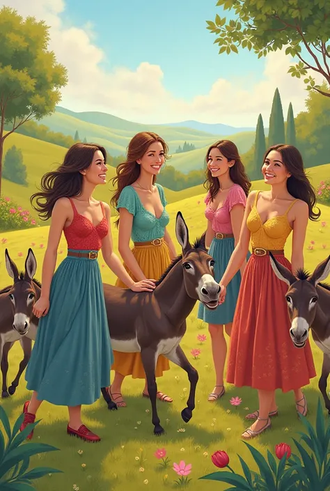 Drawings of donkeys women in happy clothes 