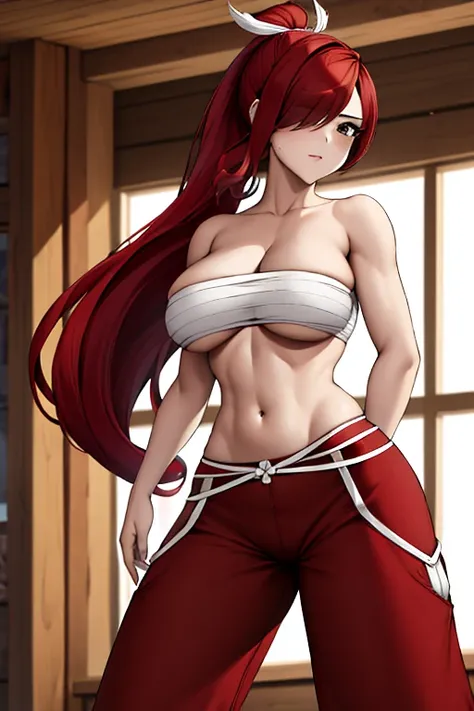 Masterpiece, Best Quality, hight resolution, fairytale,  1girl , Long hair, red hair, pony tail, white ribbon, hair above one eye, Brown eyes, large breasts, clavicle, Sarashi's chest,  bandana, bare arms, midriff, red hakama, red pants, Cowboy shot, Indoo...