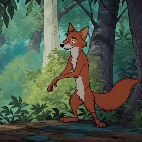 score_9, score_8_up, score_7_up, score_6_up, score_5_up, score_4_up, source_furry, RobinhoodRH, male, fox, orange fur, naked, nude, standing, facing viewer, in a forest, black eyes, screencap