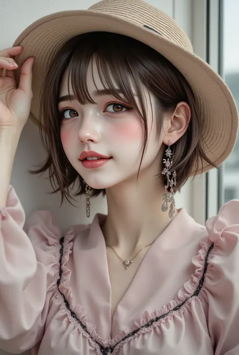 1girl,earrings, necklace, hair clip, holding hat, gentle smile, modern fashion, urban background,masterpiece, best quality, 8k, highres, ultra-detailed,HDR, UHD, professional,photorealistic,