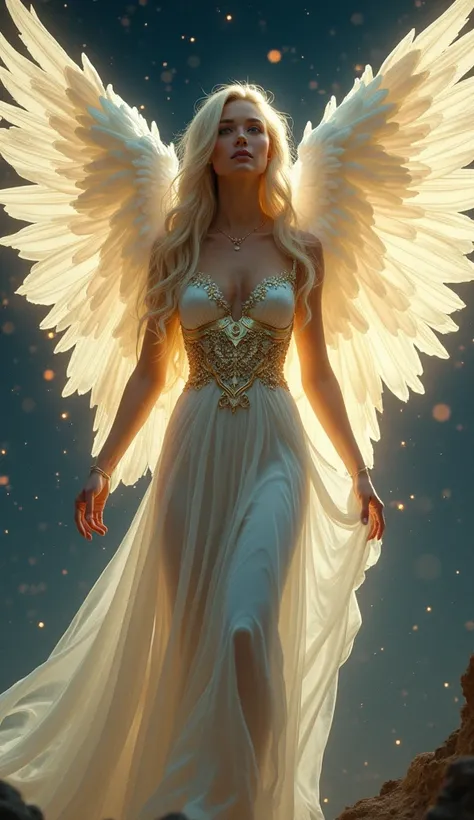 Full body shot of a (((beautiful, unique and captivating angel))), with (piercing eyes) and (long, flowing hair) that reflects starlight in the (dark night) backdrop, dressed in a dazzling (white and gold) outfit that complements her ethereal features, in ...