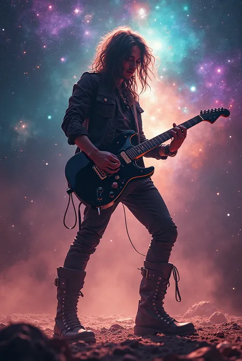 A young male rocker with long hair, standing confidently and playing an electric guitar. he’s wearing stylish boots and has a fierce, intense expression, embodying the energy of a true rock star. The background is a stunning cosmic scene, filled with vibra...