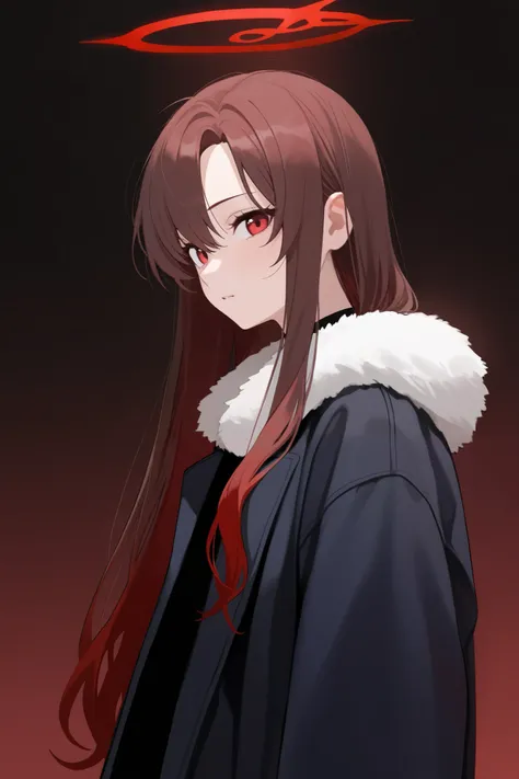 1 girl, Hair length reaches the back, Brown hair and red hair on the edges of the hair, red eyes, but not bright, wear a sexy queen coat, หน้าอกไซส์ปานกลาง, have a red halo