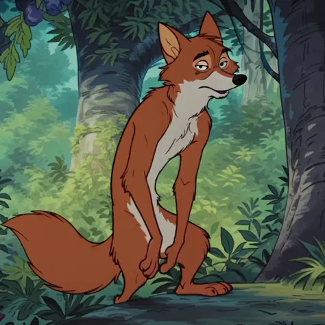 RobinhoodRH, male, fox, orange fur, naked, nude, standing, facing viewer, in a forest, black eyes, screencap