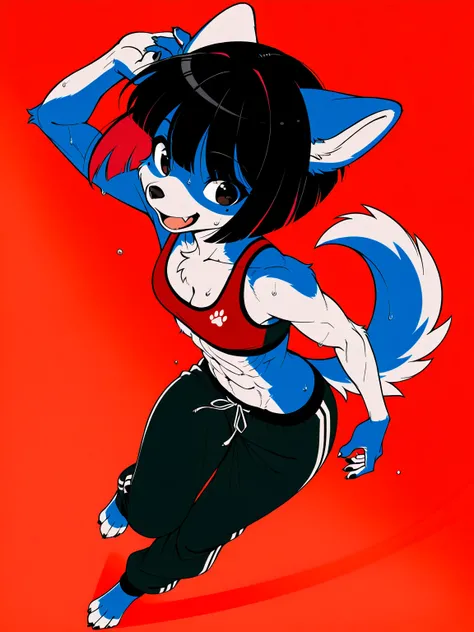 (( Masterpiece,  top quality, dynamic angle)), (furry:1.3, Nose first:1.2, dog ears, dog tail,anthro :1.3, Female Solo:1.3, Chest:1.3,red background),full body,Tightening the obliques, happy, fang, cleavage, sweating profusely, bob cut, black hair, red col...