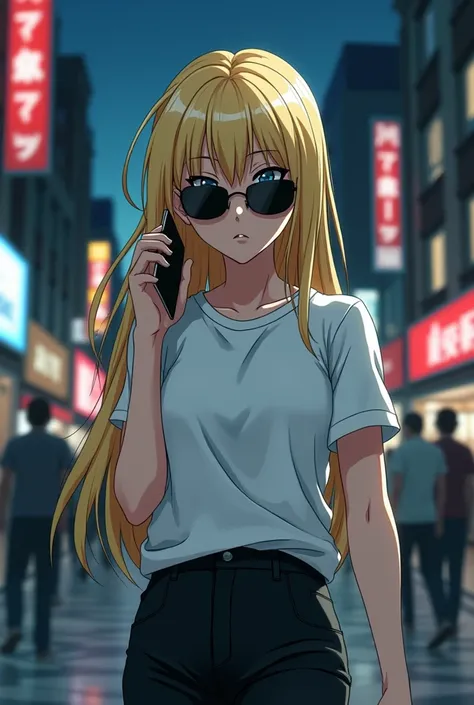  An anime  wearing dark glasses ,blonde,wearing a white t-shirt and black pants , holding a cell phone in his hand with a serious expression,in the square,with an evil smile