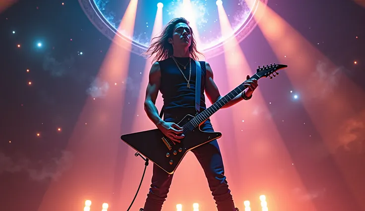 A young male rocker with long hair, standing confidently and playing an electric guitar. he’s wearing stylish boots and has a fierce, intense expression, embodying the energy of a true rock star. The background is a stunning cosmic scene, filled with vibra...