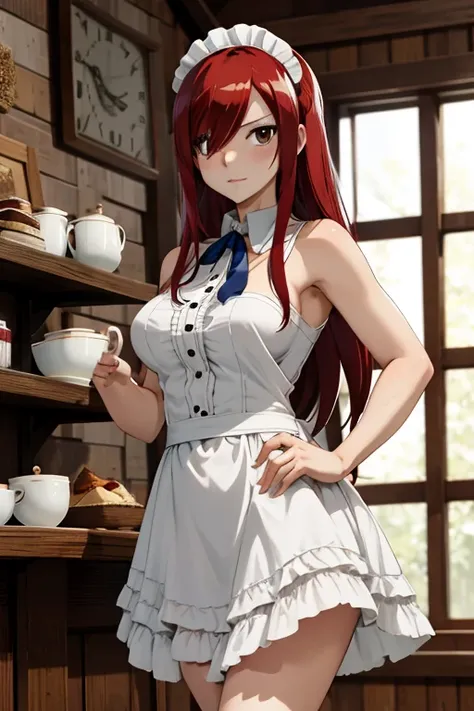 masterpiece, best quality, highres, fairy tail, 1girl, long hair, red hair, brown eyes, neck ribbon, bare shoulders, maid outfit , hair over one eye, cowboy shot, standing,indoors,cafe