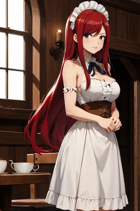 masterpiece, best quality, highres, fairy tail, 1girl, long hair, red hair, brown eyes, neck ribbon, bare shoulders, maid outfit , hair over one eye, cowboy shot, standing,indoors,cafe