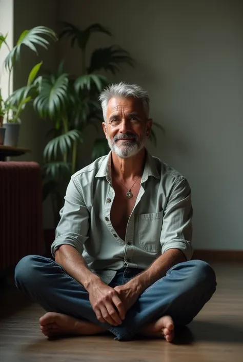 The photo of a 45-year-old teacher. Sitting on the floor with his legs crossed and his shirt open