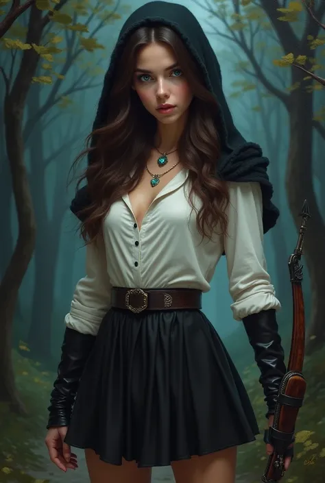 Woman with dark brown hair long and wavy white button sleeve shirt black short skirt black boots blue eyes necklace with a blue diamond she has a crossbow in her hand she has a look full of finishing and is in a forest at night with a black hood on her hea...