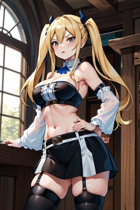 masterpiece, best quality, highres, lucy heartfilia, blonde hair, twintails, large breasts, black thighhighs, detached sleeves, midriff, cropped vest, strapless, belt, black skirt, cowboy shot, indoors, standing,