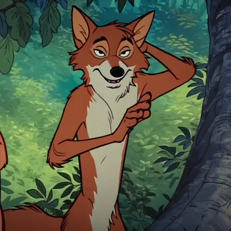 RobinhoodRH, male, fox, orange fur, naked, nude, standing, facing viewer, in a forest, black eyes, screencap