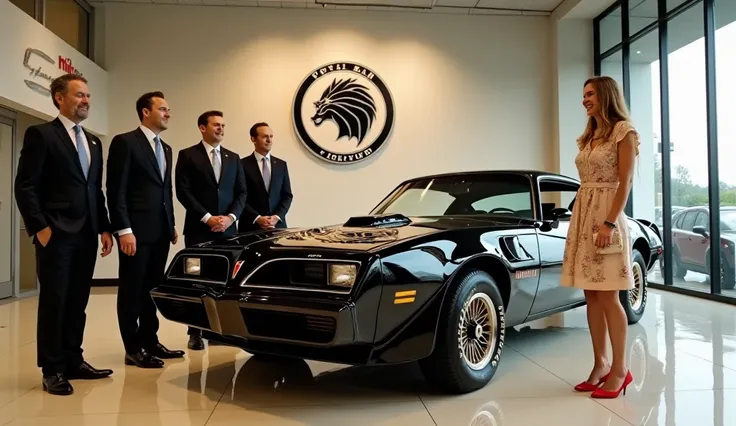 Create a detailed image of a showroom featuring a The car in the image appears to be black. Pontiac Firebird 1978  displayed prominently under a large Plymouth logo in the background. Five elegantly dressed individuals are standing next to the vehicle: fou...