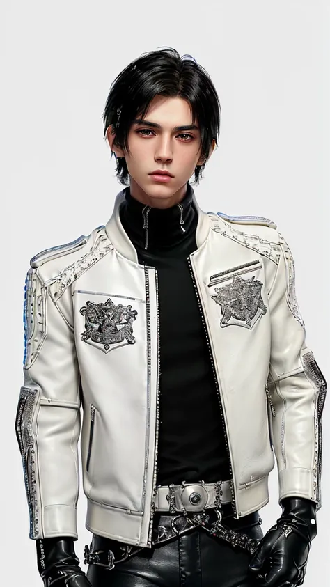 ((Final fantasy taste and reality graphics)), ((Japanese young cute and cool ikemen  boy)), his age is early 20s, thin eyebrows and beady eyes,, (((((boy wearing cream-white color thick leather and single-brest double zipper jacket))))), ,(((((jacket is vo...