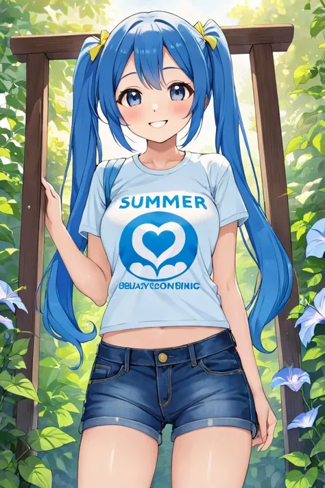 Summer sky　Morning glory　wind chimes　Light blue long hair　Beautiful girl with twin tails　T-Shirts　Denim G-Pan　Bright smile　