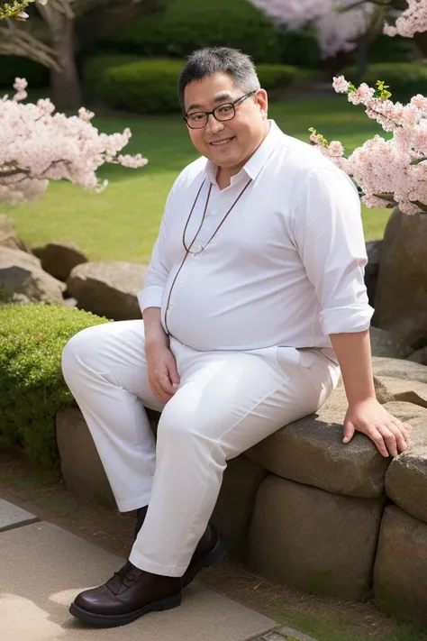 male,  Japanese, fat,fat elder、Fat、 過度のobesity ,  thick body hair、Glasses,  white bikini pants、 bulging crotch、 raised crotch , Nipples ,smile , sitting on a rock、 like side tails 、 Japanese Garden , Hiking boots , whole body、male性、obesity、 Cherry Blossom ...