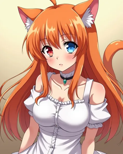  Orange-haired  anime girl,  long hair,  white dress, blue eye and red eye ,  looking at the spectator, wearing a costume in the style of Hunter x Hunter Kurapika,  big breasts, cat ears and pretty and beautiful 

