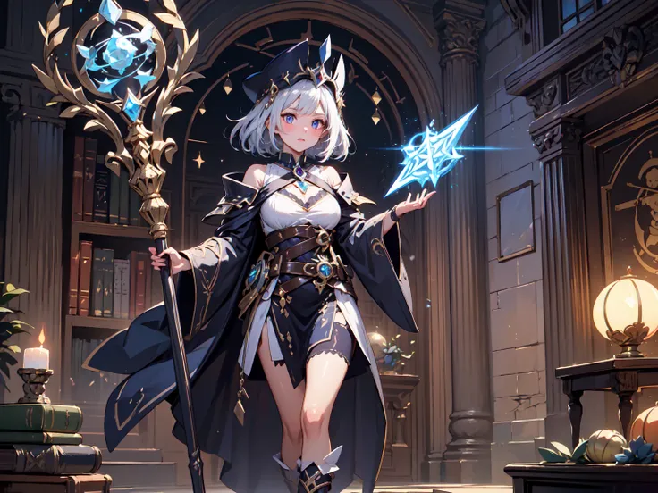 (((masterpiece, best quality, high detailed, 16k))) (1girl) A captivating sorceress with an aura of mystical power, adorned in elegant mage robes interwoven with intricate armor pieces. Her robes are deep purple with silver embroidery, inscribed with ancie...