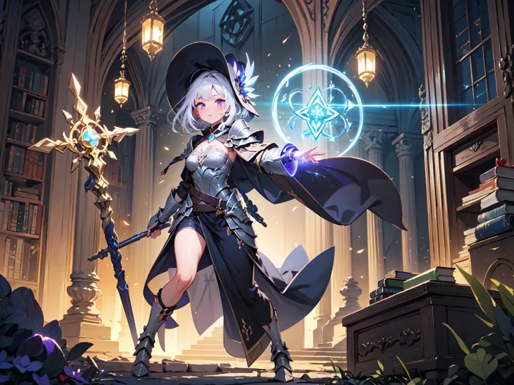 (((masterpiece, best quality, high detailed, 16k))) (1girl) A captivating sorceress with an aura of mystical power, adorned in elegant mage robes interwoven with intricate armor pieces. Her robes are deep purple with silver embroidery, inscribed with ancie...