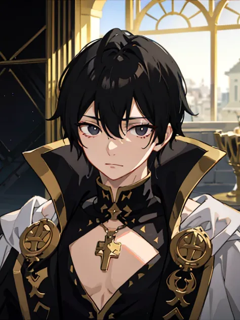 Masterpiece, Best Quality, hiquality, 1boy ,  solo, male focus, looking a viewer, upper-body, Zeref, Greek clothes, black hair, black eyes, closed mouth, ombre