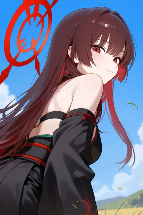 1 girl, Hair length reaches the back, Brown hair and red hair on the edges of the hair, red eyes, but not bright, wear a sexy samurai outfit, หน้าอกไซส์ปานกลาง, have a red halo