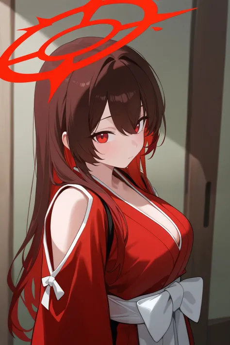 1 girl, Hair length reaches the back, Brown hair and red hair on the edges of the hair, red eyes, but not bright, wear a sexy samurai outfit, หน้าอกไซส์ปานกลาง, have a red halo