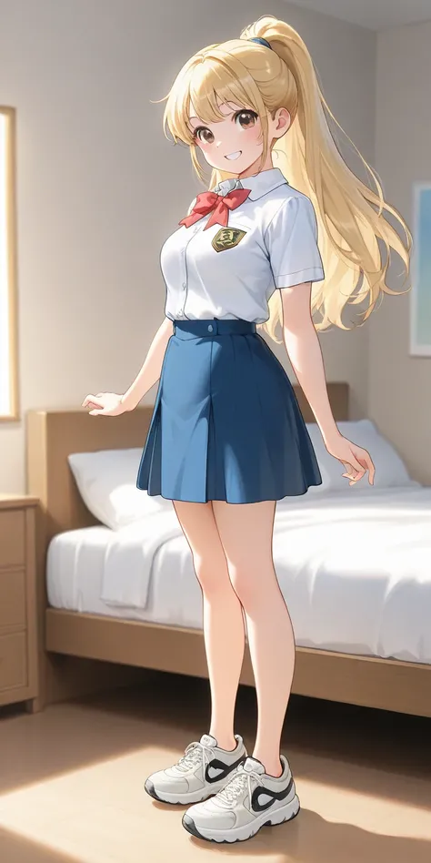 junior high school girl, girl, Blonde hair, high ponytail long hair, smiling, junior high school uniform, white color sneakers, full body, medium breast, in the bedroom, standing soft light, high detailed, cowboy shoot,