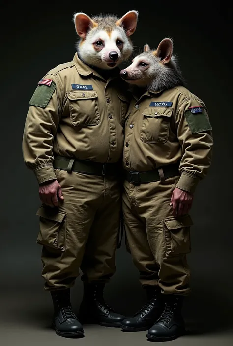 1 one very fat military man in black boots and camouflage uniform without shoulder straps and identification marks. instead of his head, he has the head of a huge aggressive opossum.  photographic quality .  in full height are standing next to each other. ...