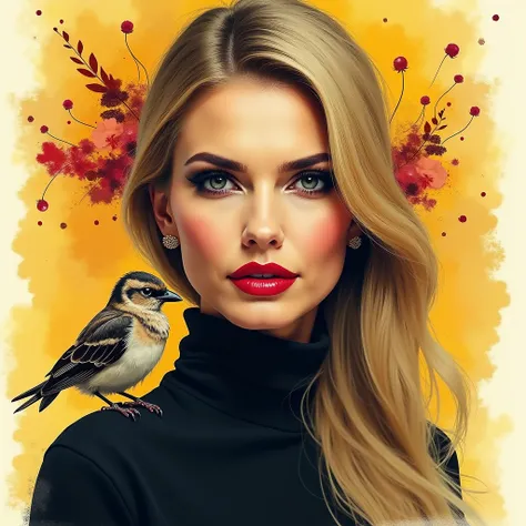 retrato da Ivanka trump dark com um sparrow no ombro e flores e cores ao fundo,  strong makeup lipstick and eye shadow , art and drawing with watercolor , yellowish background