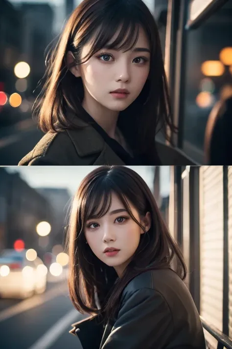 Beautiful girl with realistic black eyes 、I'm wearing thick tights,  pale skin on a street car,  person with medium length and dark colored hair,  perfect face ,  perfect eye, Wearing a coat ,  high image quality , Comprehensive cinematic,  digital paintin...