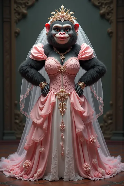 photorealistic portrait of Dressed animals - a ((fat)) cute (baby) (gorilla) bride,(art by Carne Griffiths),(happy smile:1.5),(furry), high quality,(lovely) ,intricate details, highly detailed (gothic pink wedding dress)),wearing opera globes and shoes,wea...