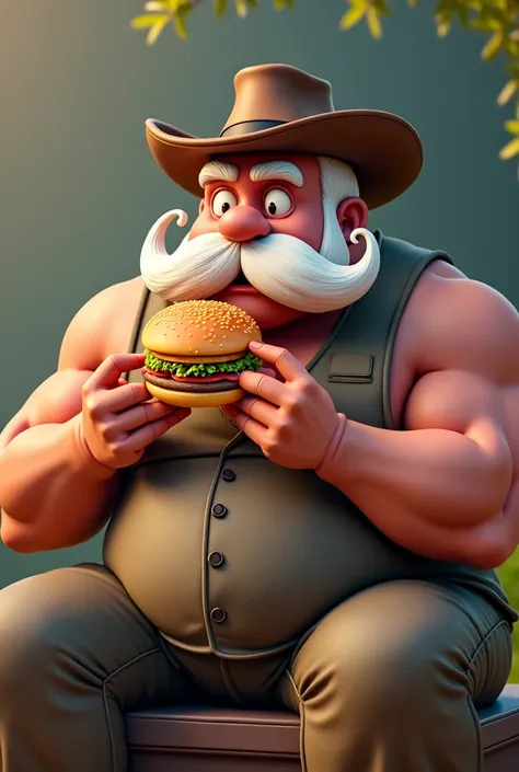 Strong man with white mustachioed belly and hat eating hamburger and happy