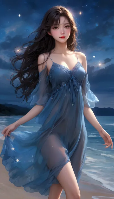  Masterpiece、 highest quality、 high resolution、 cute girl、 petite and perfect style 、(A beautiful face、  beautiful skin、beautiful brown eyes、 beautiful lips、Beautiful Nose、Perfect drawing)、flowing brown-black long hair、 transparent blue see-through dress、(...