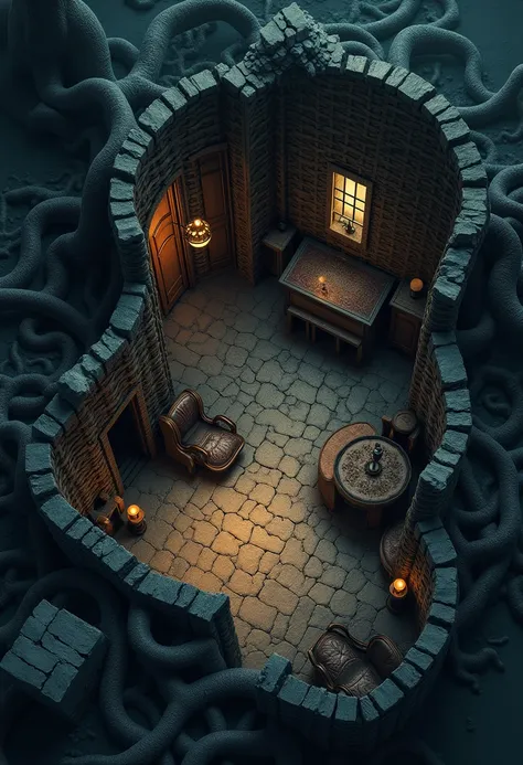 birdseye straight top-down shot from a drone, battlemap of interior of medieval fantasy cottage, (massive dark magical roots sprouting from west:1.2), (black necrotic magic in the air:1.2), wicker furniture,  door to north, mezzanine sleeping area, dungeon...