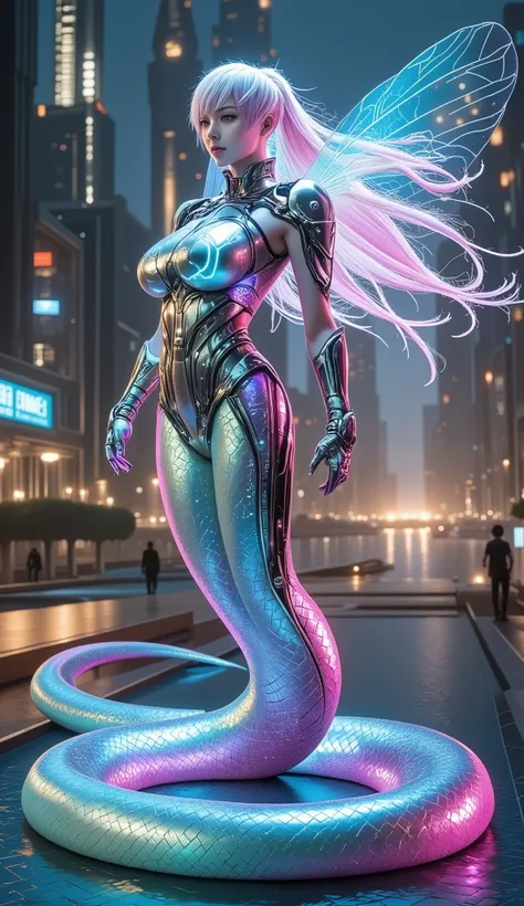 Create a massive, futuristic Serpent Woman, towering above a vast, quantum cyber city. Her upper body is human, but armored in sleek, advanced combat gear, featuring futuristic plating, glowing circuits, and neon accents, giving her the appearance of a hig...