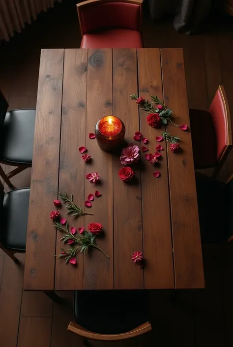 Empty table in dark wood and chocolate I repeat empty wood seen from above with Valentine's Day decoration but simple decoration