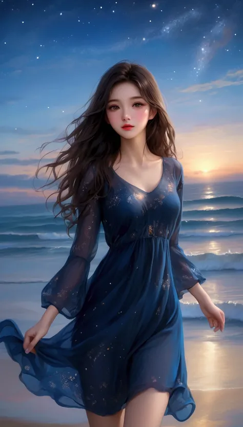  Masterpiece、 highest quality、 high resolution、 cute girl、 petite and perfect style 、(A beautiful face、  beautiful skin、beautiful brown eyes、 beautiful lips、Beautiful Nose、Perfect drawing)、flowing brown-black long hair、 transparent blue see-through dress、(...